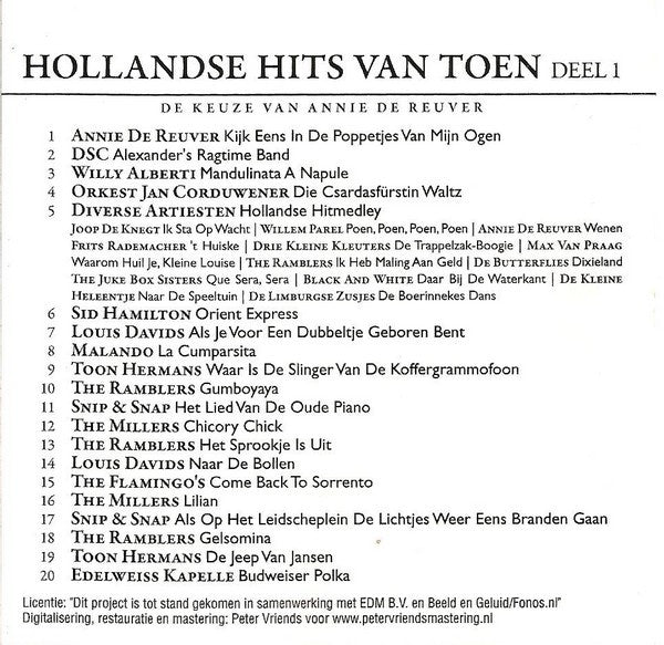 Various : Hollandse Hits Van Toen Deel 1 - De Keuze Van Annie de Reuver (CD, Comp)