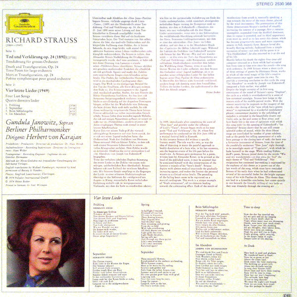 Richard Strauss, Gundula Janowitz • Berliner Philharmoniker • Herbert von Karajan : Tod Und Verklärung / Vier Letzte Lieder (LP)