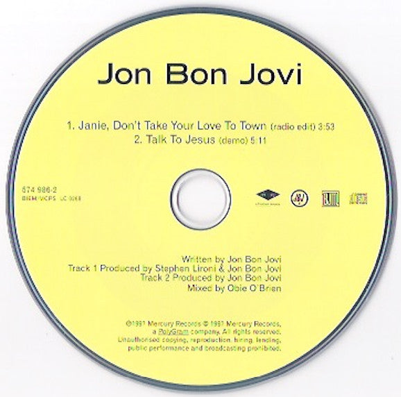 Jon Bon Jovi : Janie, Don't Take Your Love To Town (CD, Single, Car)