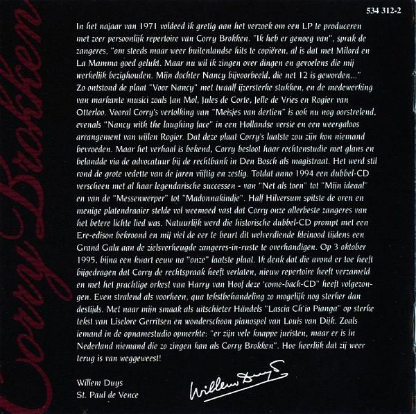 Corry Brokken : Nooit Gedacht (CD, Album)