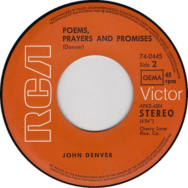 John Denver With Fat City : Take Me Home, Country Roads (7", Single)