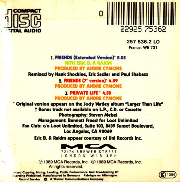 Jody Watley With Eric B. & Rakim : Friends (CD, Mini)