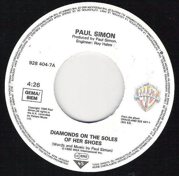 Paul Simon : Diamonds On The Soles Of Her Shoes (7", Single)
