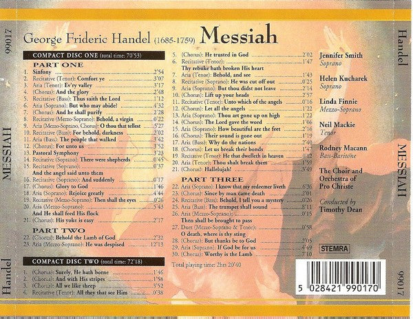 Georg Friedrich Händel / The Choir & Orchestra Of Pro Christe, Timothy Dean : Messiah Complete (2xCD, Album)