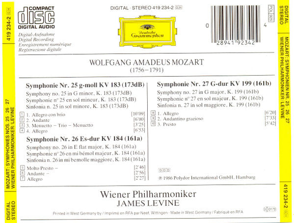 Wolfgang Amadeus Mozart, Wiener Philharmoniker, James Levine (2) : Symphonien Nos. 25 · 26 · 27 (CD, Album)