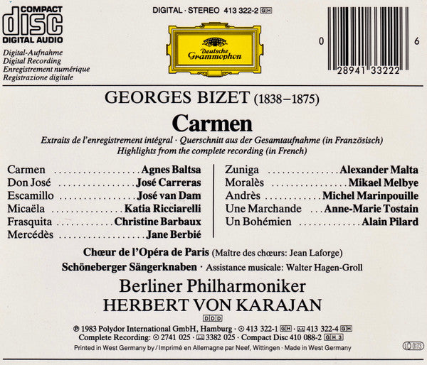 Georges Bizet - Agnes Baltsa · José Carreras · José van Dam · Katia Ricciarelli, Choeur National De L'Opéra De Paris · Berliner Philharmoniker, Herbert Von Karajan : Carmen (Querschnitt = Highlights) (CD, Album, RE)