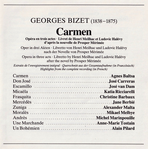 Georges Bizet - Agnes Baltsa · José Carreras · José van Dam · Katia Ricciarelli, Choeur National De L'Opéra De Paris · Berliner Philharmoniker, Herbert Von Karajan : Carmen (Querschnitt = Highlights) (CD, Album, RE)