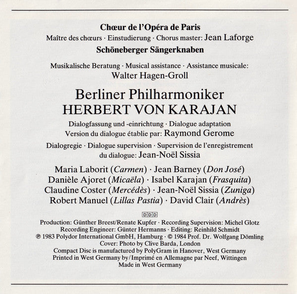Georges Bizet - Agnes Baltsa · José Carreras · José van Dam · Katia Ricciarelli, Choeur National De L'Opéra De Paris · Berliner Philharmoniker, Herbert Von Karajan : Carmen (Querschnitt = Highlights) (CD, Album, RE)