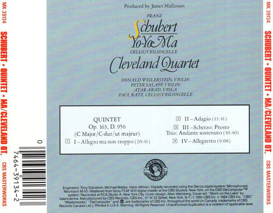 Franz Schubert - Yo-Yo Ma, The Cleveland Quartet : Quintet, Op. 163, D. 956 (In C Major) (CD, Album)