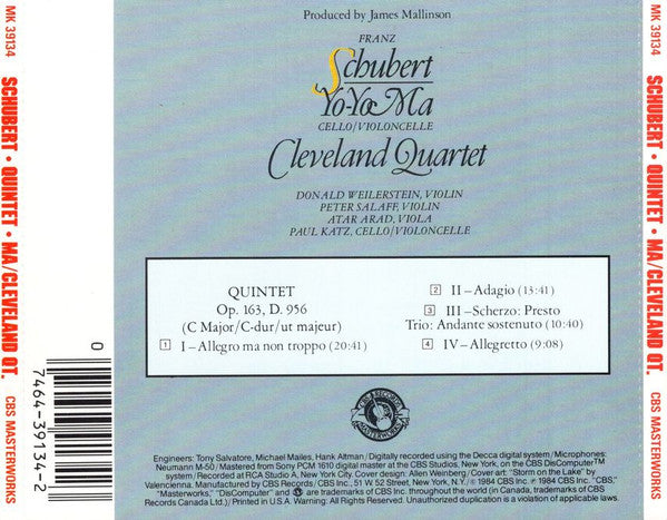 Franz Schubert - Yo-Yo Ma, The Cleveland Quartet : Quintet, Op. 163, D. 956 (In C Major) (CD, Album)