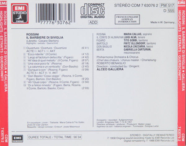 Gioacchino Rossini, Philharmonia Orchestra, Alceo Galliera : Il Barbiere Di Siviglia. Highlights (CD, Album)