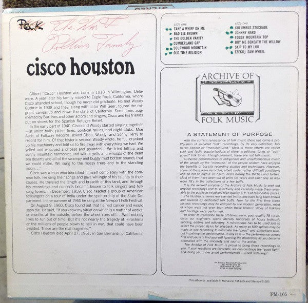 Cisco Houston : Cisco Houston (LP, Album, Mono)