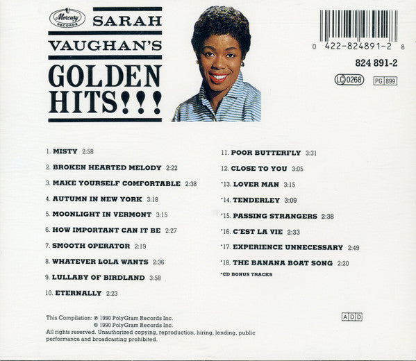 Sarah Vaughan : Sarah Vaughan's Golden Hits (CD, Comp, RE, RM)