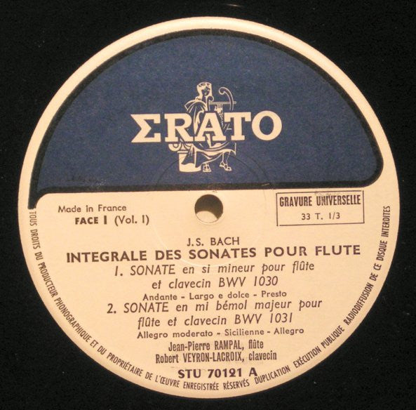 Johann Sebastian Bach / Jean-Pierre Rampal / Robert Veyron-Lacroix : Les Sonates Pour Flute Vol.1 (LP, RE, Gat)