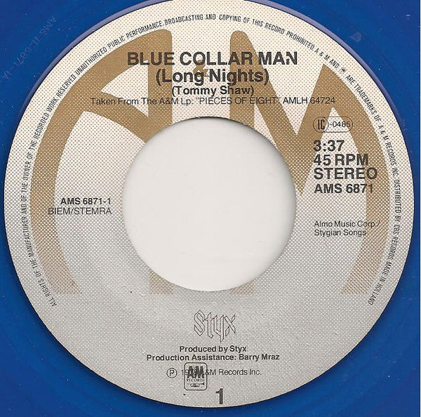 Styx : Blue Collar Man (7", Single, Blu)