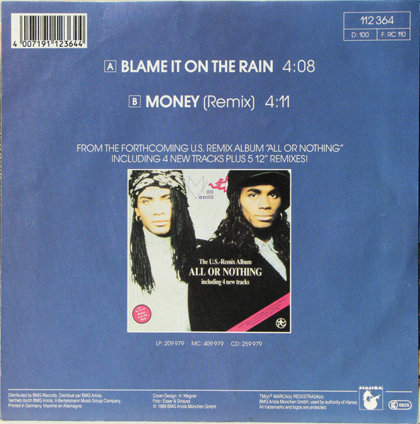 Milli Vanilli : Blame It On The Rain (7", Single, Sil)