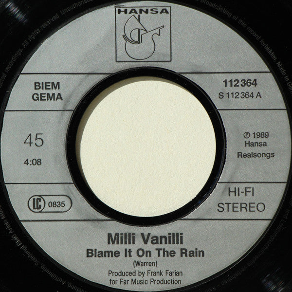 Milli Vanilli : Blame It On The Rain (7", Single, Sil)
