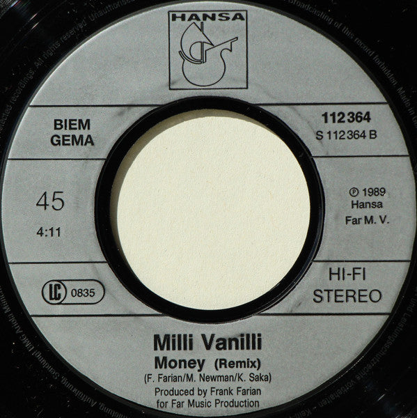 Milli Vanilli : Blame It On The Rain (7", Single, Sil)