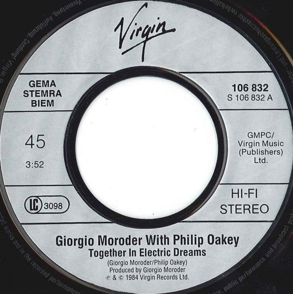 Giorgio Moroder With Philip Oakey : Together In Electric Dreams (7", Single)
