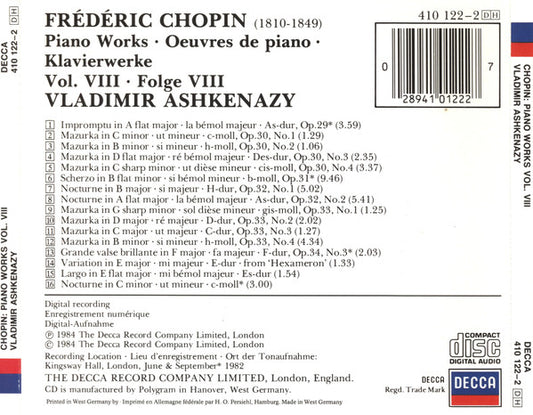 Frédéric Chopin, Vladimir Ashkenazy : Piano Works Vol.VIII = Klavierwerke Folge VIII (CD)