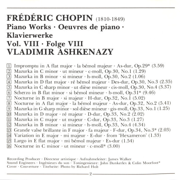 Frédéric Chopin, Vladimir Ashkenazy : Piano Works Vol.VIII = Klavierwerke Folge VIII (CD)