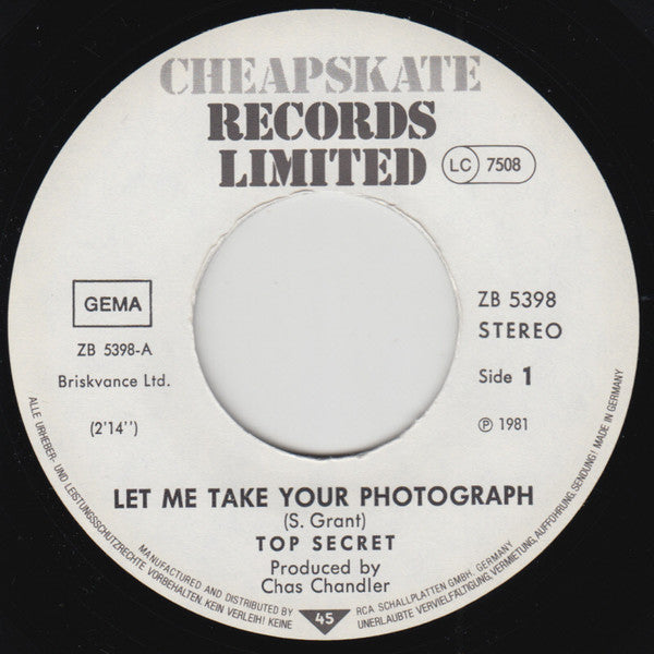 Top Secret (15) : Let Me Take Your Photograph (7", Single)