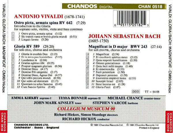 Antonio Vivaldi / Johann Sebastian Bach - Emma Kirkby, Tessa Bonner, Michael Chance, John Mark Ainsley, Stephen Varcoe, Collegium Musicum 90, Richard Hickox : Gloria • Ostro Picta / Magnificat (CD, Album)