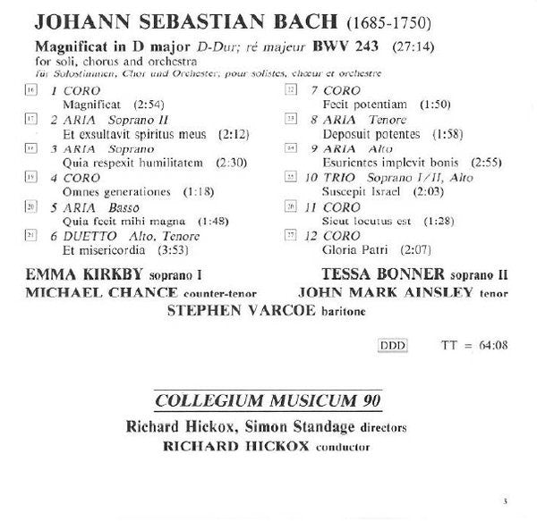 Antonio Vivaldi / Johann Sebastian Bach - Emma Kirkby, Tessa Bonner, Michael Chance, John Mark Ainsley, Stephen Varcoe, Collegium Musicum 90, Richard Hickox : Gloria • Ostro Picta / Magnificat (CD, Album)