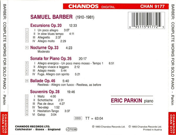 Samuel Barber, Eric Parkin : Complete Works For Solo Piano (CD, Album)