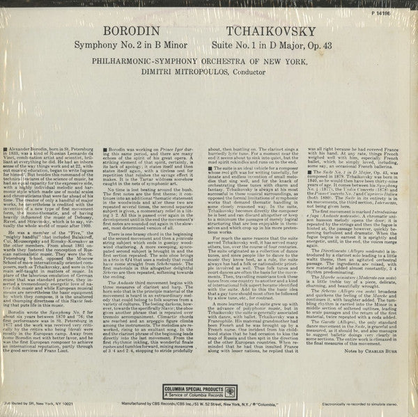 Alexander Borodin, Pyotr Ilyich Tchaikovsky, Philharmonic-Symphony Orchestra Of New York, Dimitri Mitropoulos : Symphony No. 2 In B Minor - Suite No. 1 In D Major (LP, RE)