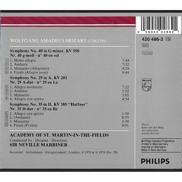 Mozart* • Academy Of St. Martin-in-the-Fields*, Sir Neville Marriner : Symphonies Nos. 29, 35 "Haffner" & 40 (CD, Comp, RM, RP)