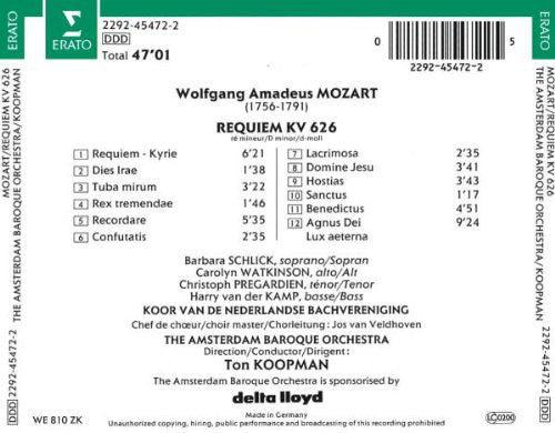 Wolfgang Amadeus Mozart / Ton Koopman, The Amsterdam Baroque Orchestra, Koor Van De Nederlandse Bachvereniging : Requiem (CD, Album)