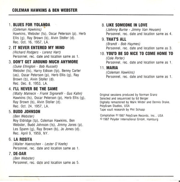 Coleman Hawkins / Ben Webster : Coleman Hawkins / Ben Webster (CD, Comp, RM)