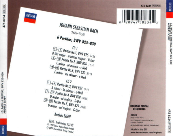 Johann Sebastian Bach - András Schiff : 6 Partitas, BWV 825–830 (2xCD, RE)