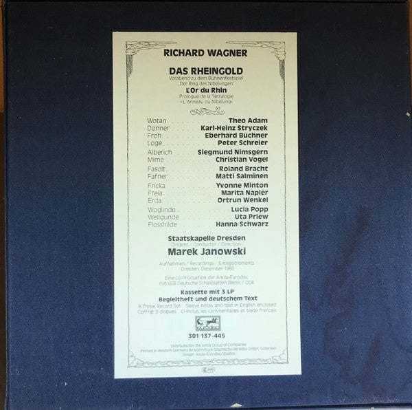 Richard Wagner - Theo Adam, Siegmund Nimsgern, Peter Schreier, Roland Bracht, Matti Salminen (2), Christian Vogel (3), Eberhard Büchner, Karl-Heinz Stryczek, Yvonne Minton, Lucia Popp, Uta Priew, Hanna Schwarz, Marita Napier, Ortrun Wenkel, Staatskapelle  : Das Rheingold (3xLP, Dig + Box)