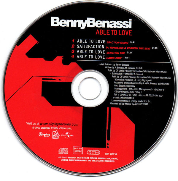 Benny Benassi : Able To Love (CD, Maxi, Ltd, Car)