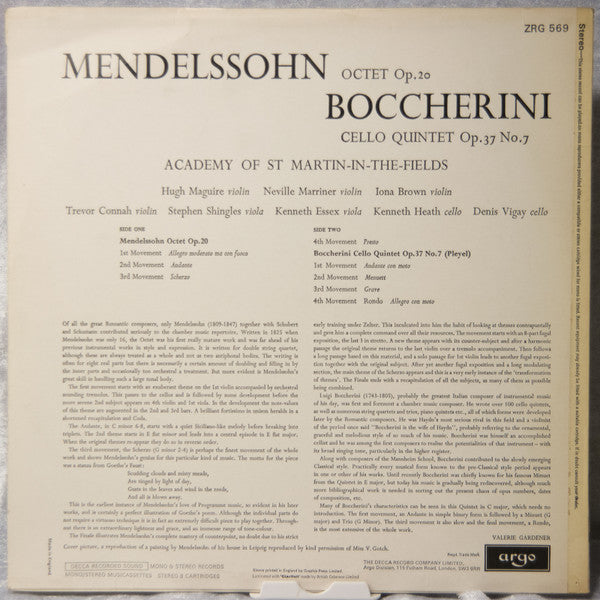 Felix Mendelssohn-Bartholdy, Luigi Boccherini, The Academy Of St. Martin-in-the-Fields : Octet Op. 20 · Quintet In C Major Op. 37 No.7 (LP, RP)
