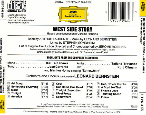 Leonard Bernstein : Kiri Te Kanawa • Tatiana Troyanos • Marilyn Horne • José Carreras • Kurt Ollmann : West Side Story - Highlights (CD)