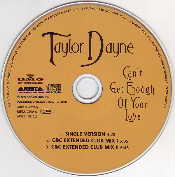 Taylor Dayne : Can't Get Enough Of Your Love (CD, Single)
