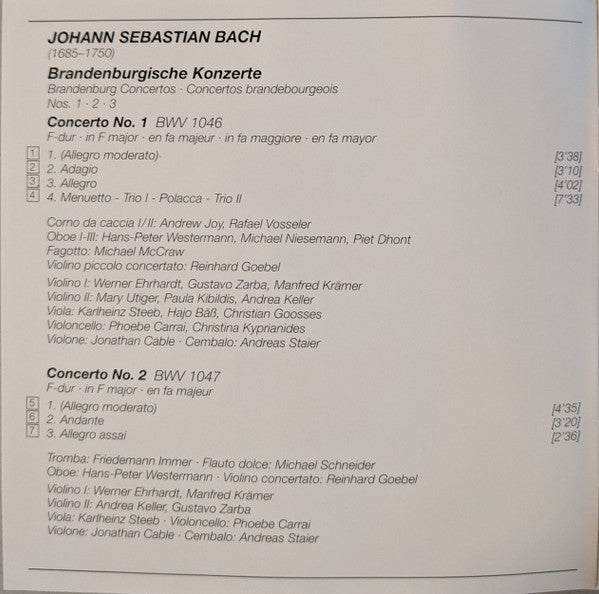 Johann Sebastian Bach - Musica Antiqua Köln, Reinhard Goebel : Brandenburgische Konzerte 1 • 2 • 3 (CD, Album, RE, RM)