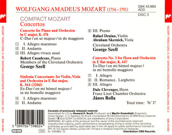 Mozart*, Robert Casadesus, Dale Clevenger, George Szell : Concertos (CD, Comp)