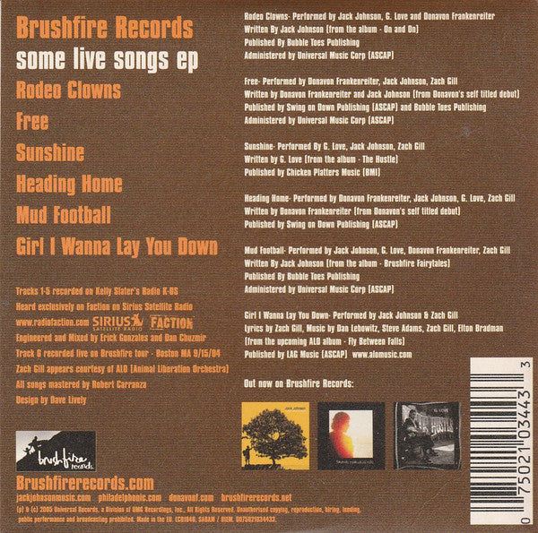 Donavon Frankenreiter, Jack Johnson, G. Love : Some Live Songs EP (CD, EP)