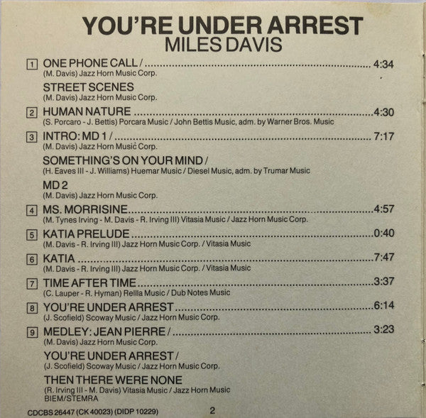 Miles Davis : You're Under Arrest (CD, Album, RE, RP)