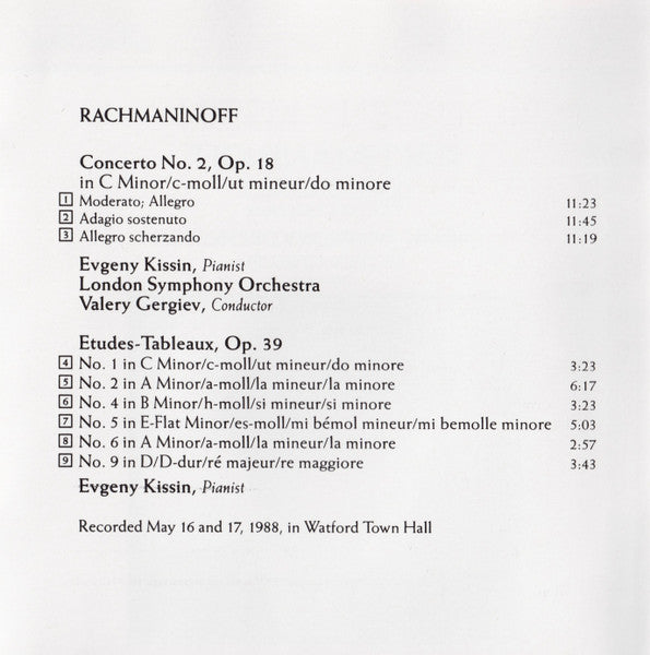 Sergei Rachmaninoff / Yevgeny Kissin / London Symphony Orchestra / Valery Gergiev : Concerto No.2 - 6 Etudes-Tableaux (CD)
