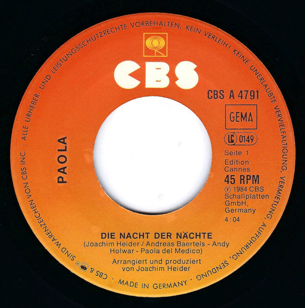 Paola (2) : Die Nacht Der Nächte (7", Single)