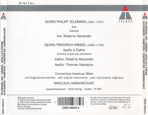 Georg Friedrich Händel / Georg Philipp Telemann - Roberta Alexander, Thomas Hampson, Concentus Musicus Wien, Nikolaus Harnoncourt : Apollo E Dafne / Ino (CD, Album)