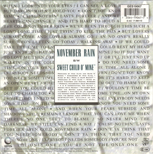 Guns N' Roses : November Rain (7", Single)