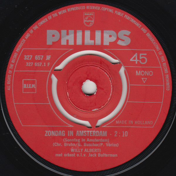 Willy Alberti : Zondag In Amsterdam = Sonntag In Amsterdam (7", Single, Red)