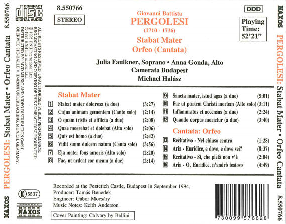 Giovanni Battista Pergolesi, Julia Faulkner, Anna Gonda, Camerata Budapest, Michael Halász : Stabat Mater - Orfeo (Cantata) (CD)