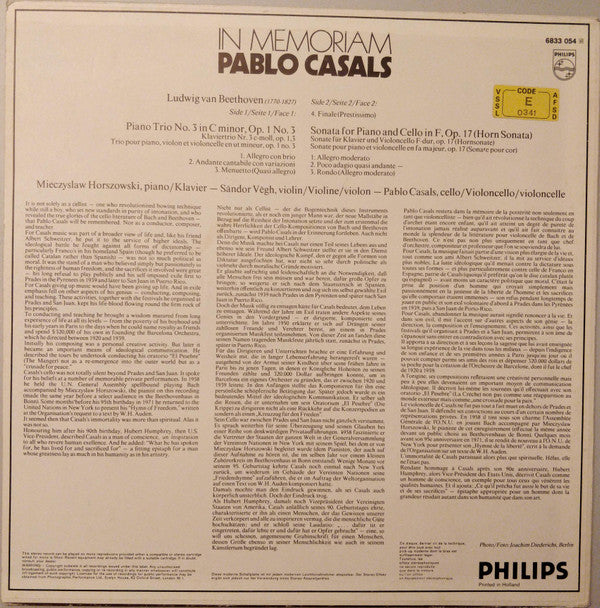 Ludwig van Beethoven, Pablo Casals : In Memoriam - Piano Trio, Op.1 No. 3, Cello Sonata Op.17 (LP, RE)